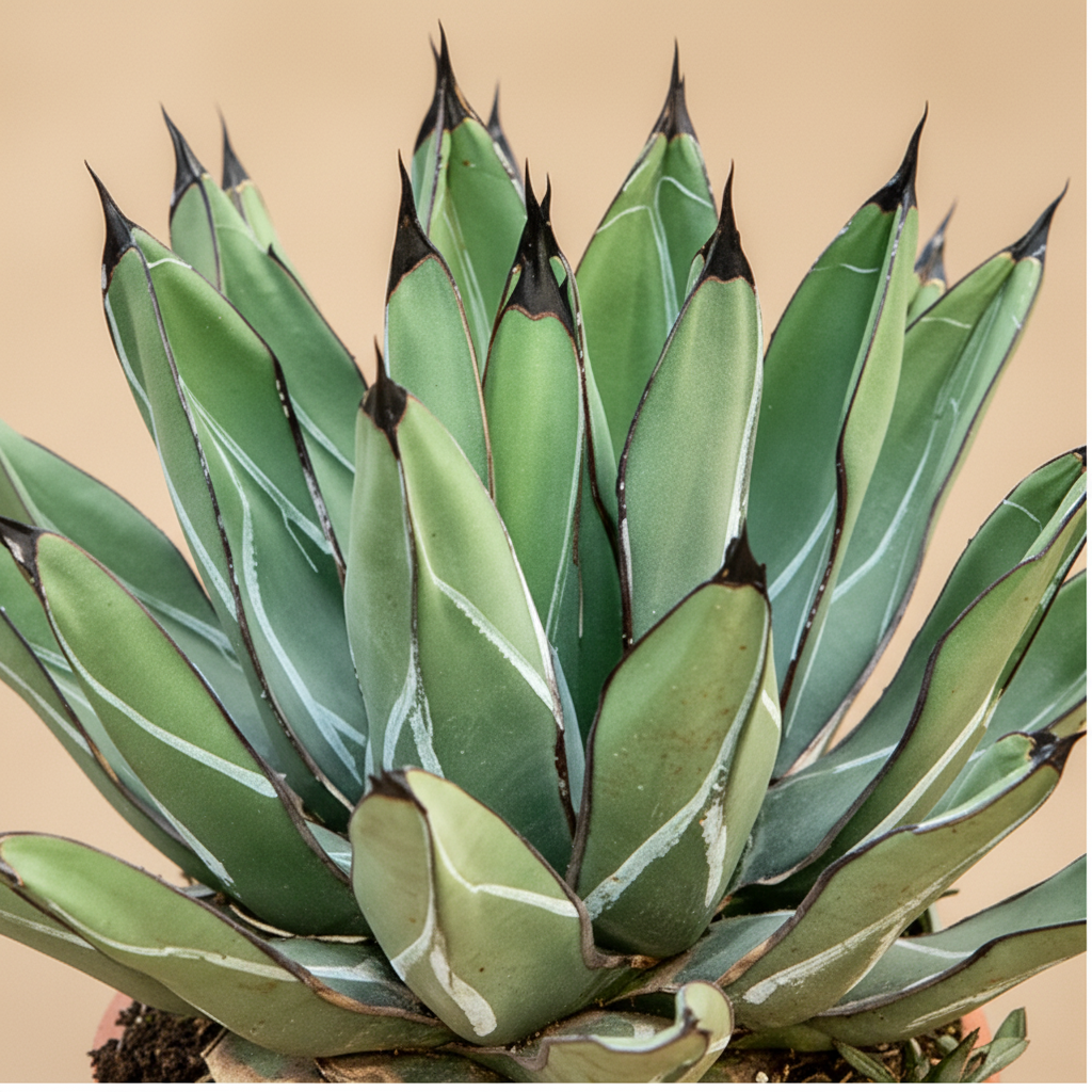 Agave ferdinandi 'Regis' close-up bladrozet met witte tekening