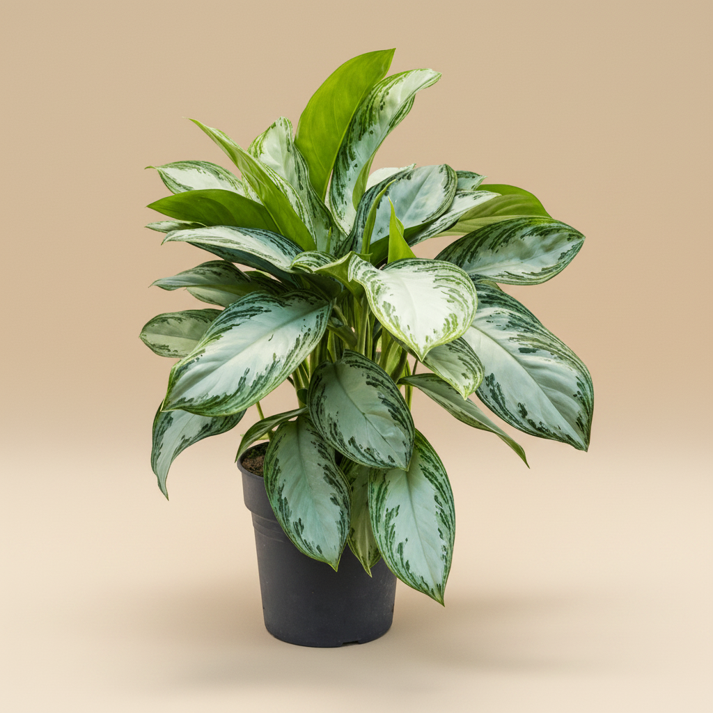 Aglaonema 'Silver Bay' – warme beige studioachtergrond