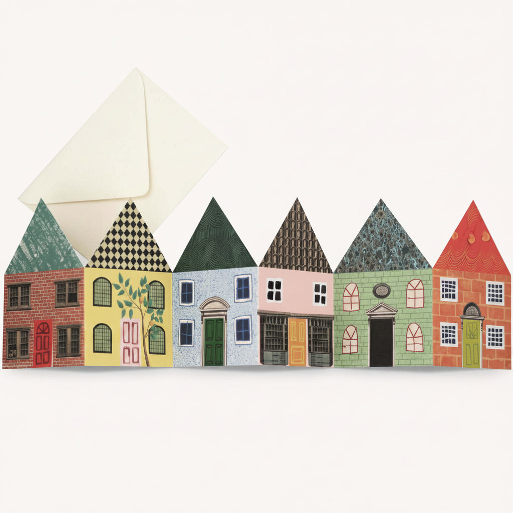 Concertina kaart met zes collagehuisjes als straatje van Hadley