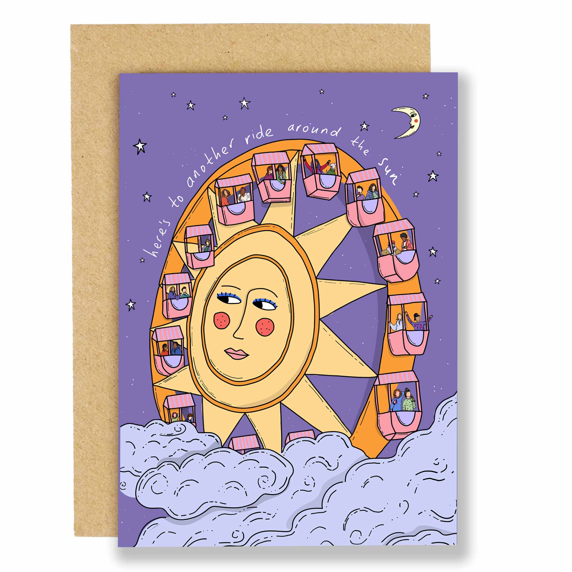 Verjaardagskaart Rondje om de zon met zonnenreuzenrad, Eat the Moon
