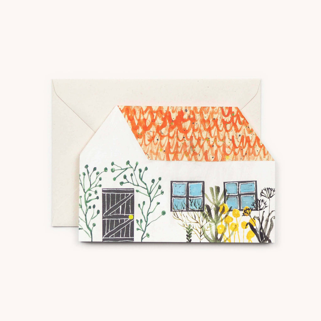 Cottagekaart in huisvorm met kat en bloemen van Hadley
