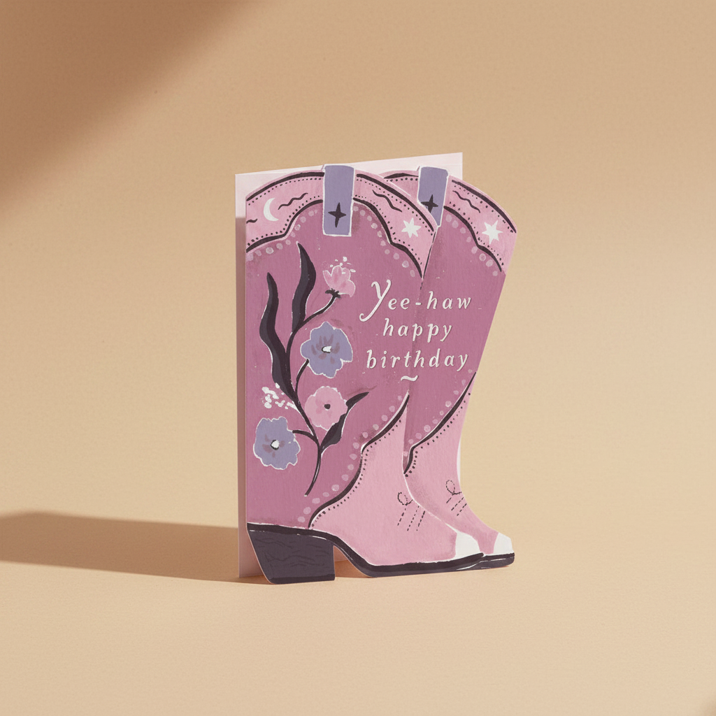 Cowboy Boots verjaardagskaart in die-cut laarsvorm rechtop op een warme zandbeige studioachtergrond