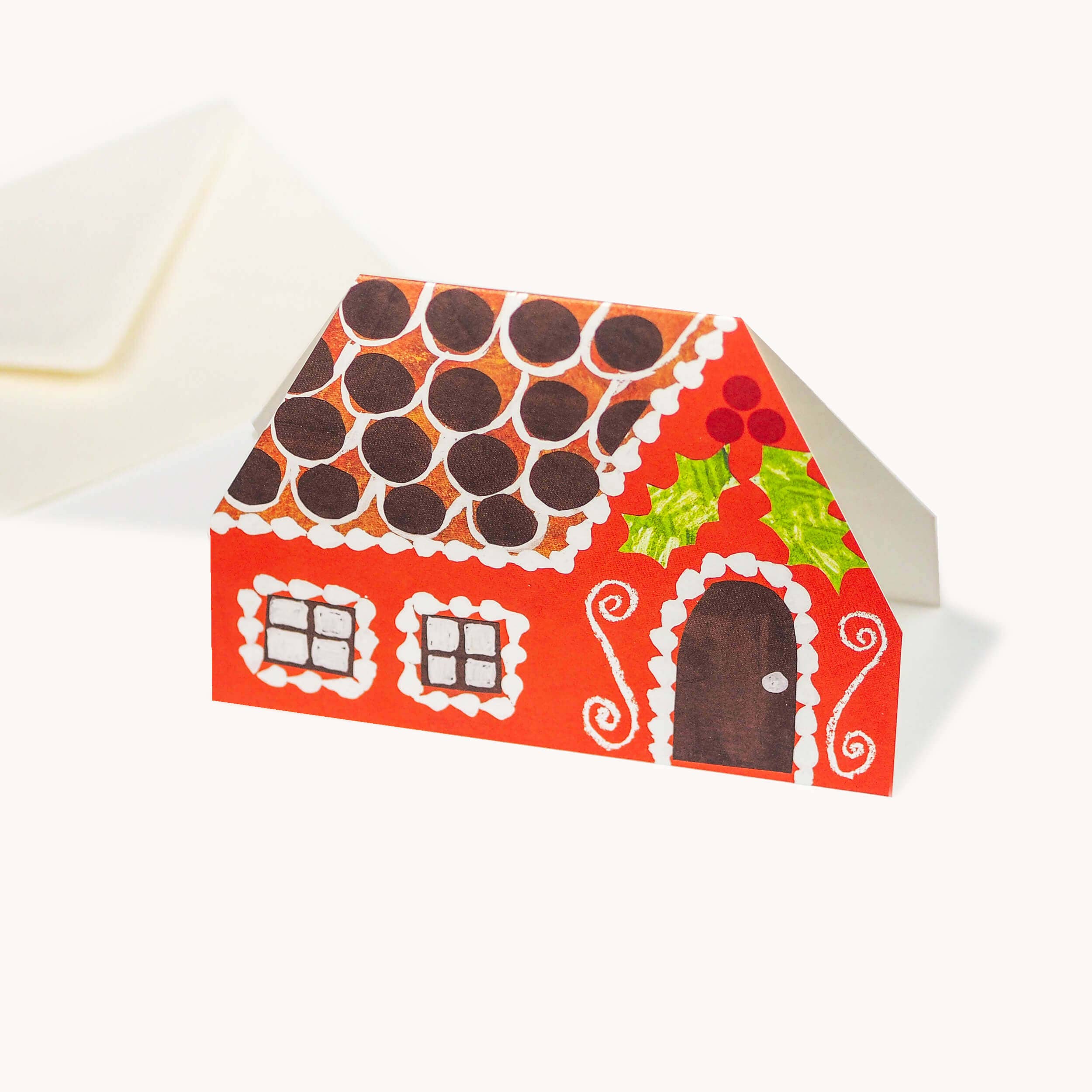 Peperkoekhuisje kerstkaart met bruine envelop