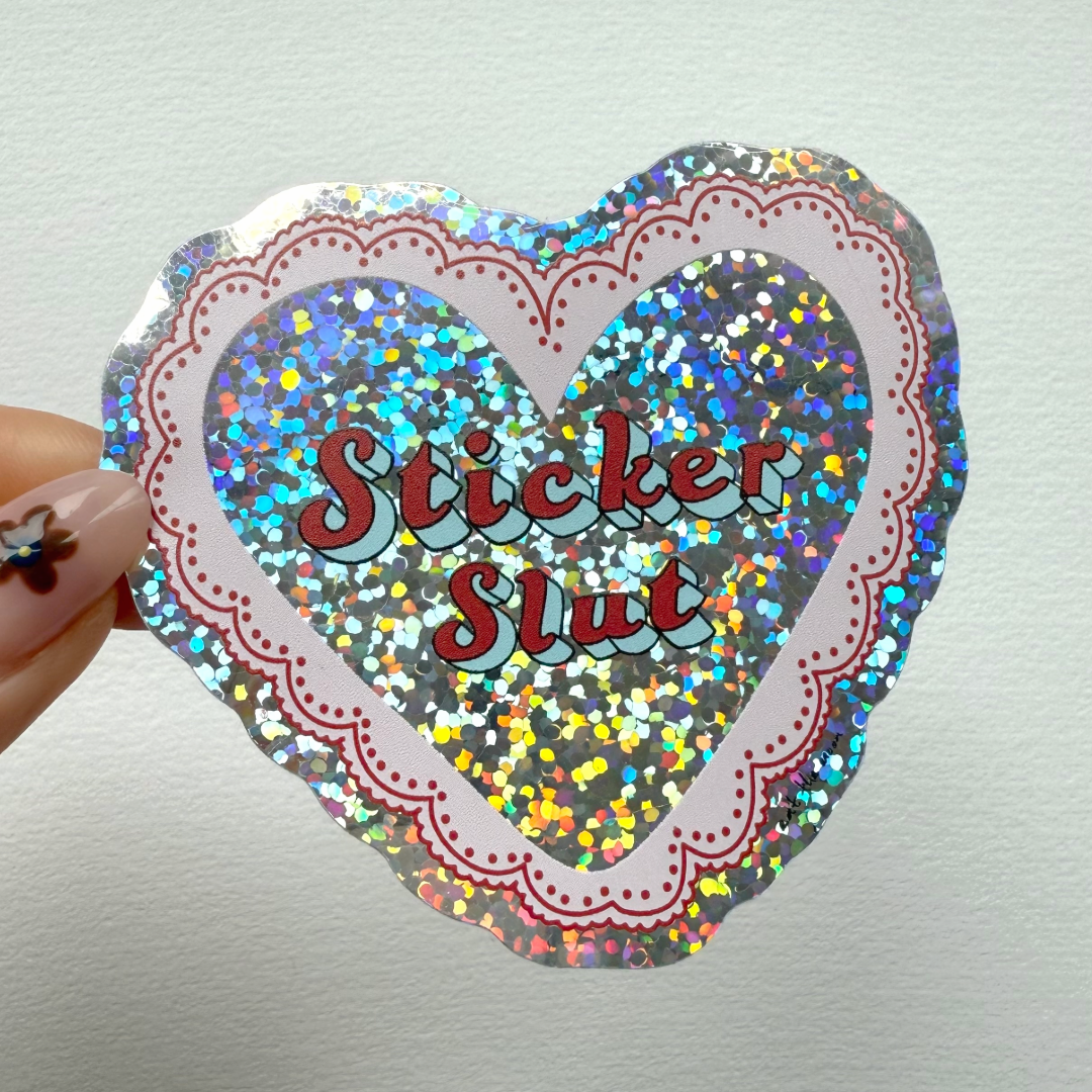 Glinsterende die-cut sticker van ongeveer 8 cm