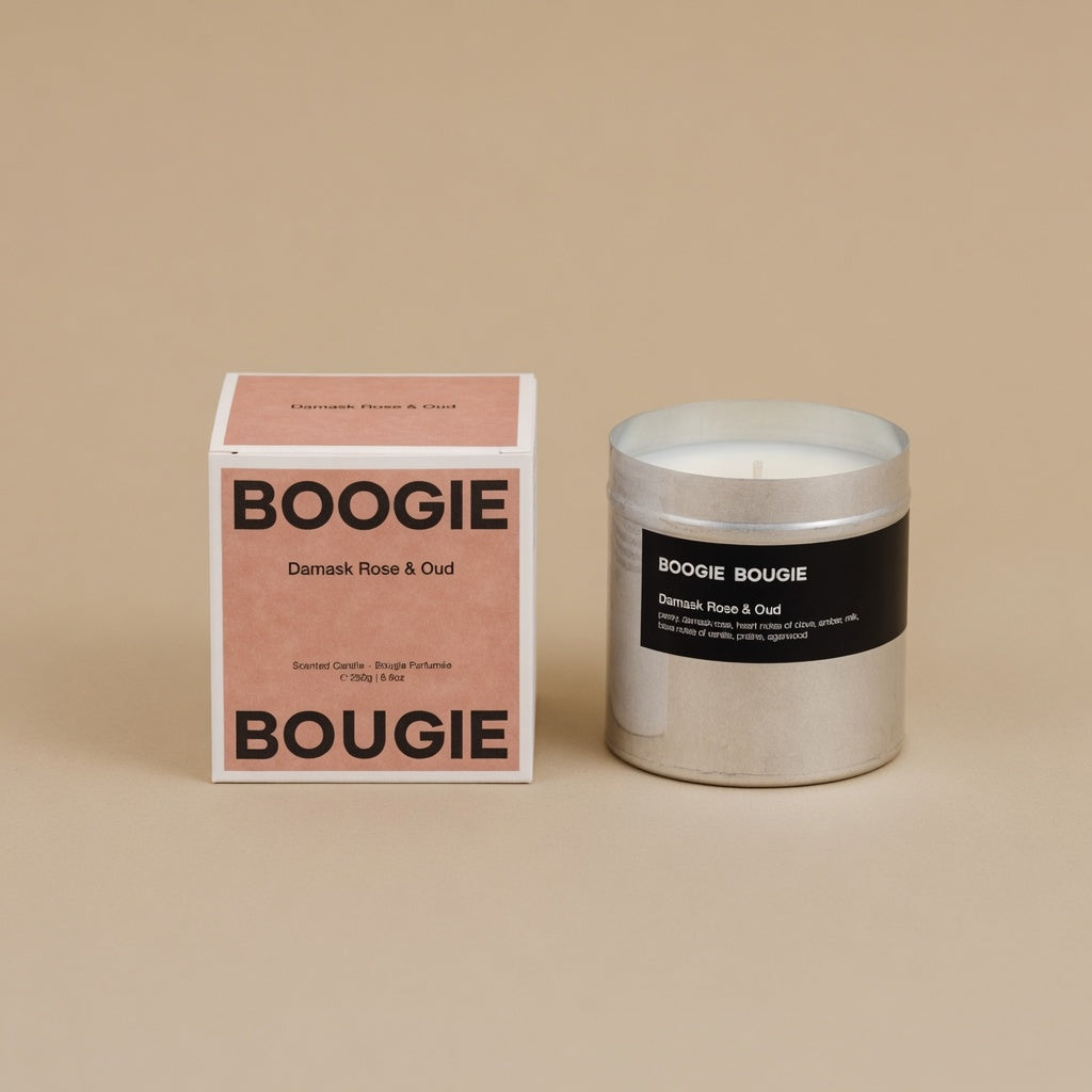 Boogie Bougie Damask Rose & Oud, chroom geurkaars 250 g met doos, beige studio