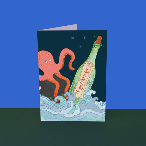 Bericht in een fles A6 wenskaart met artwork op beide zijden