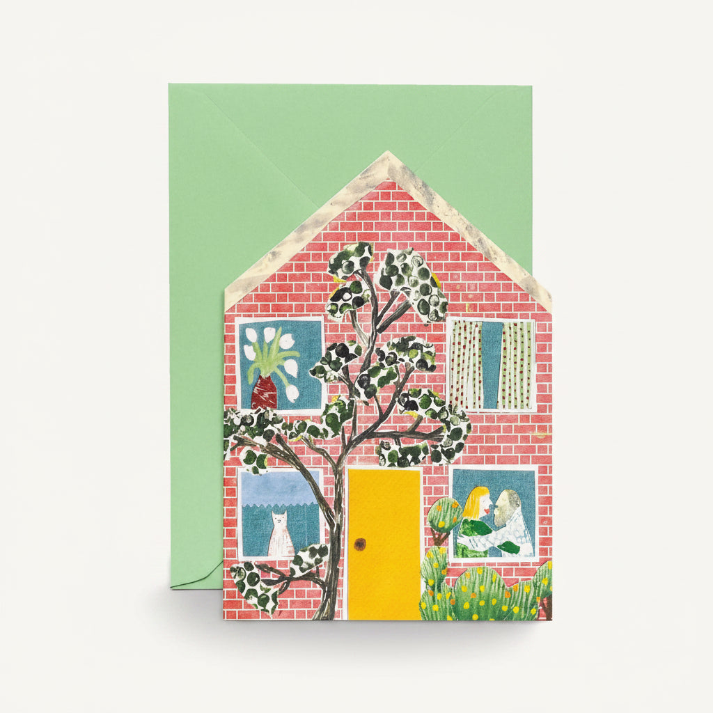 Collagekaart met rood bakstenen stadswoning met stel en kat in de ramen van Hadley
