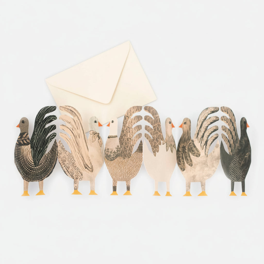 Concertina uitklapkaart met rij chique kippen van antieke gravures van Hadley
