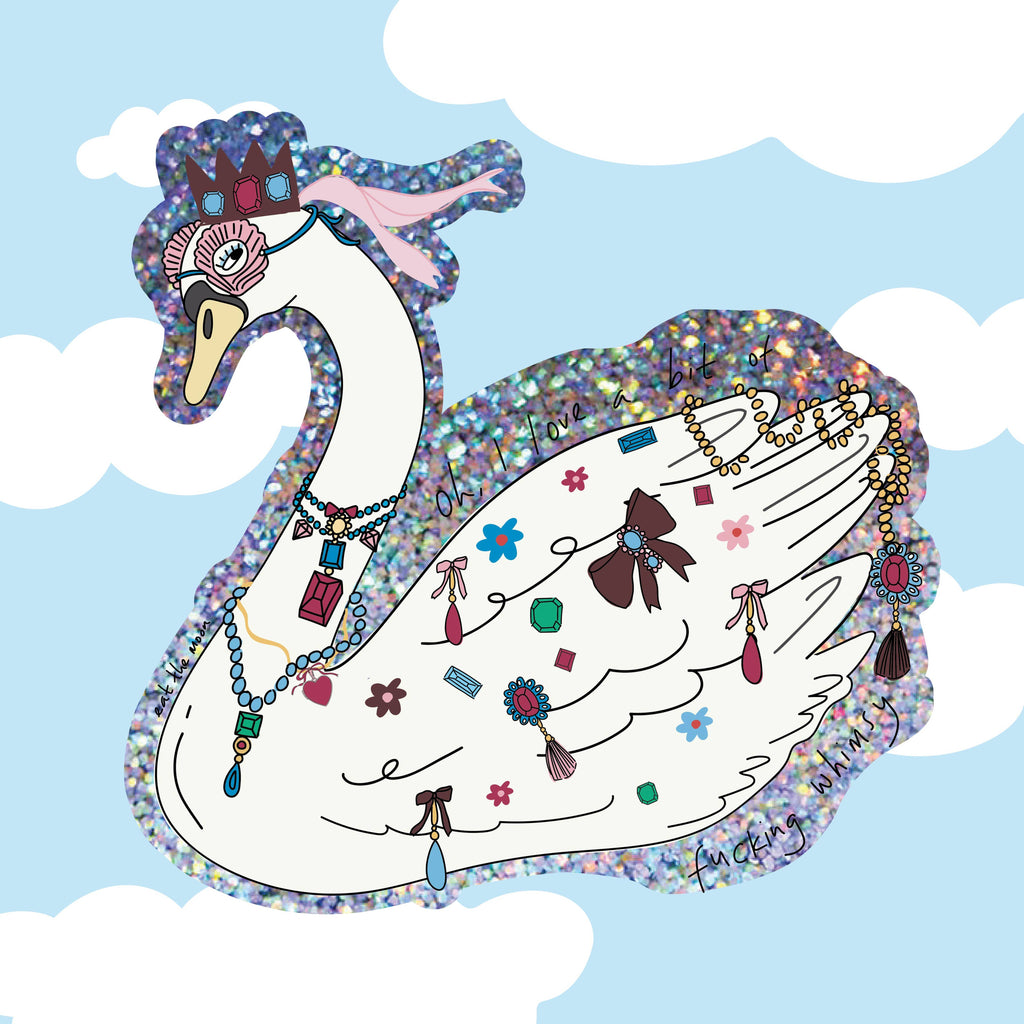 Glitter vinylsticker met handgetekende speelse zwaan van Eat the Moon
