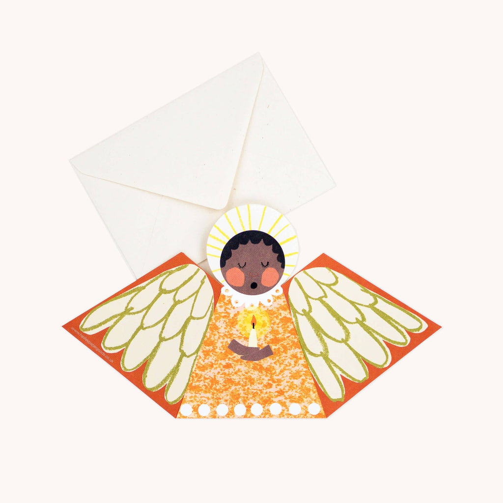 Oranje engel kerstkaart met crèmekleurige envelop