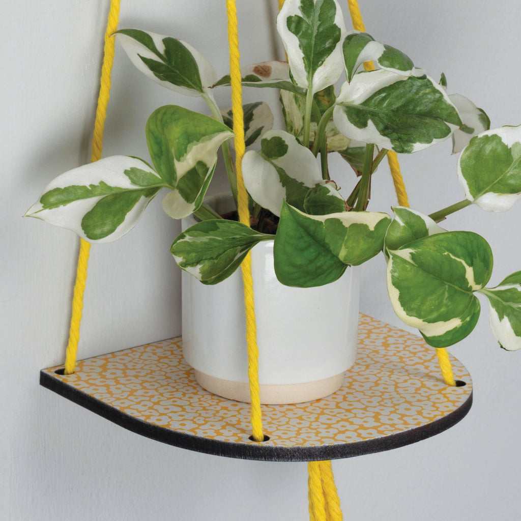 Detail van het gele touw van de kleine plantenplank van Studio Wald