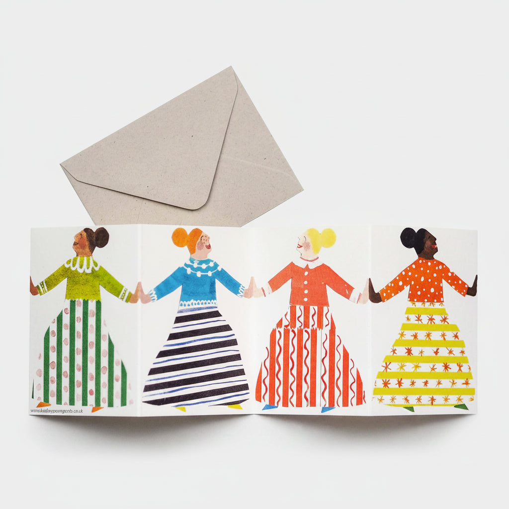 Harmonicakaart met vier vrolijke dansende figuren van Hadley