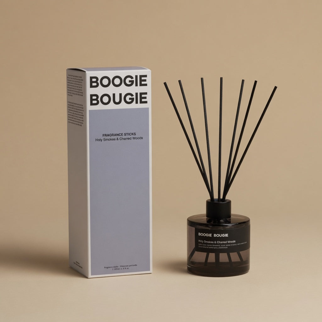 Boogie Bougie Holy Smokes & Charred Woods, geurstokjes 200 ml met doos, beige studio