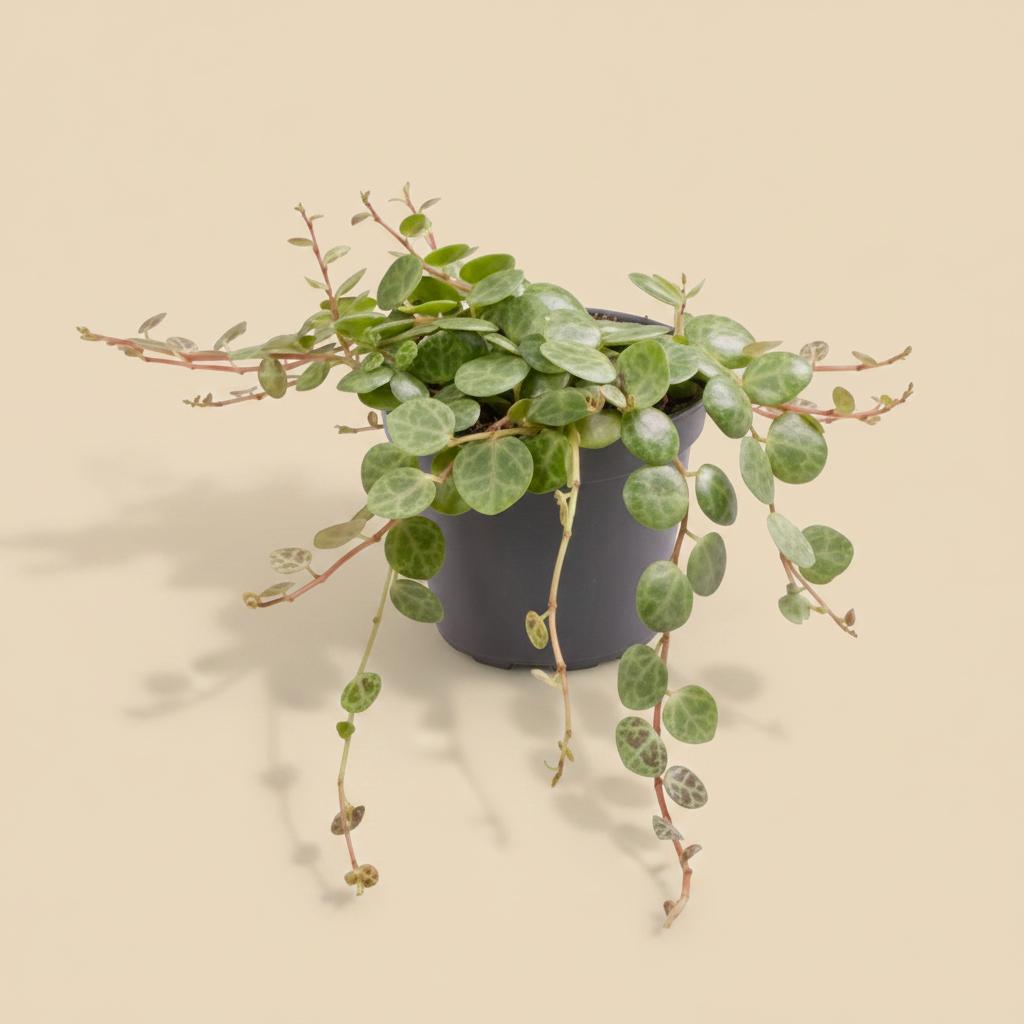 Peperomia Prostrata in keramische pot met warme beige studioachtergrond