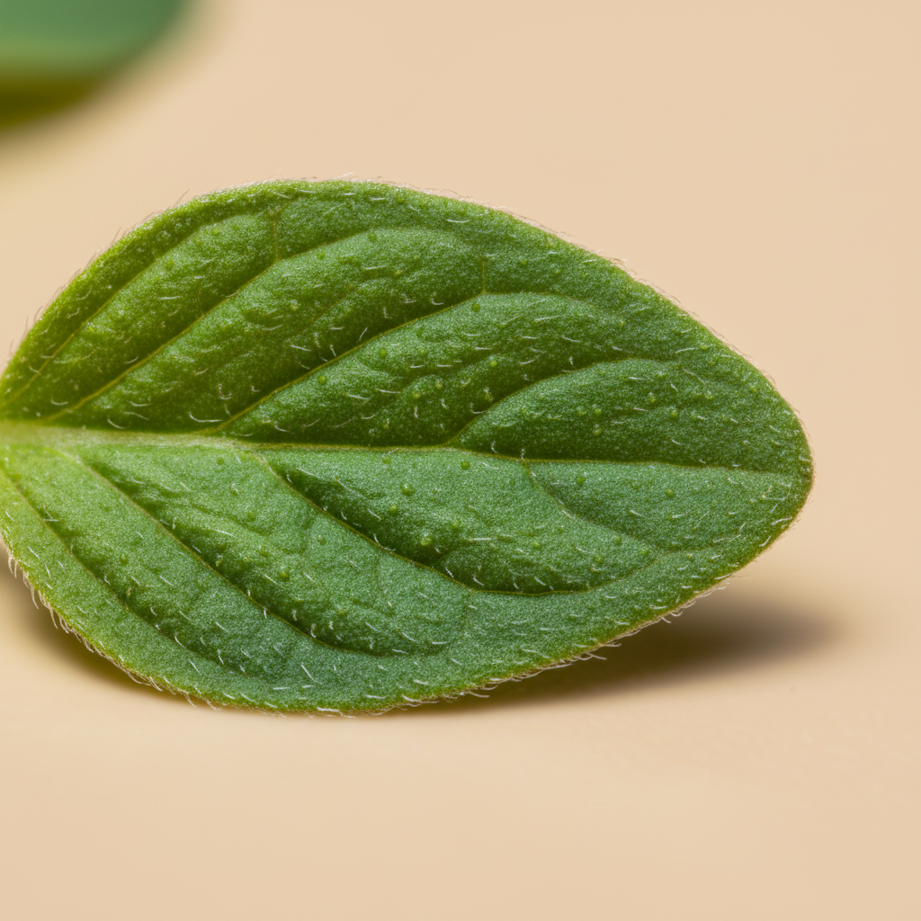 Close-up van een Origanum Vulgare Hirtum blad op warme beige studioachtergrond