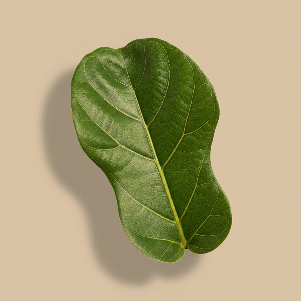 Close-up van het grote vioolvormige blad van een Ficus lyrata op warme beige studioachtergrond