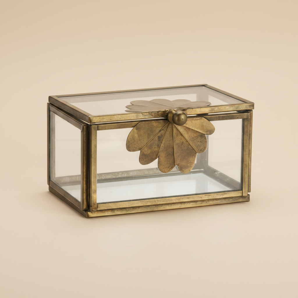 Glazen doosje met messing blad op warme beige achtergrond, studiofoto