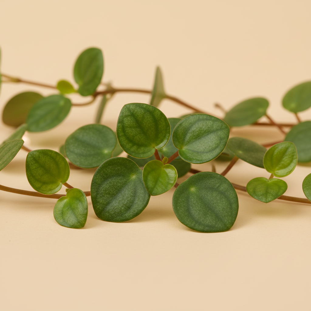 Close-up van Peperomia Pepperspot blaadjes op warme beige achtergrond