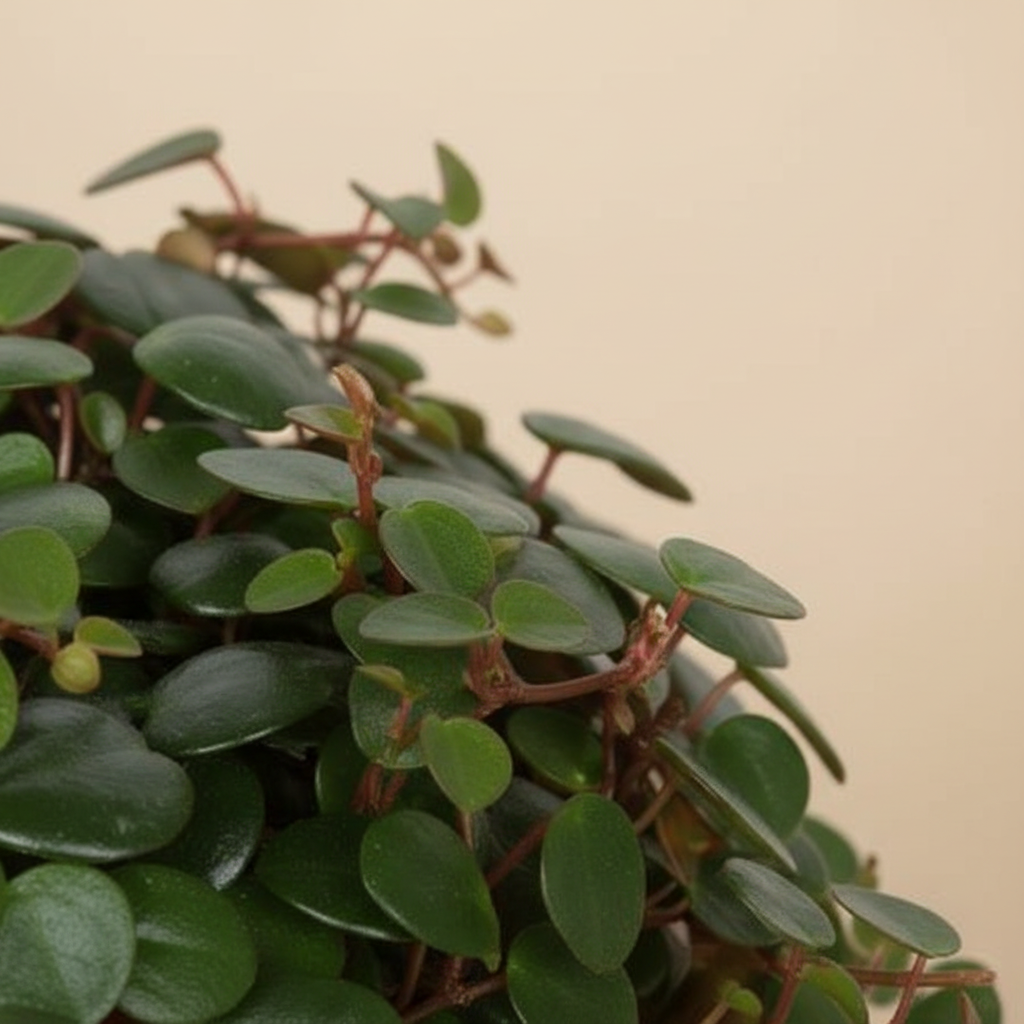 Close-up blad Peperomia Pepperspot op warme beige studioachtergrond