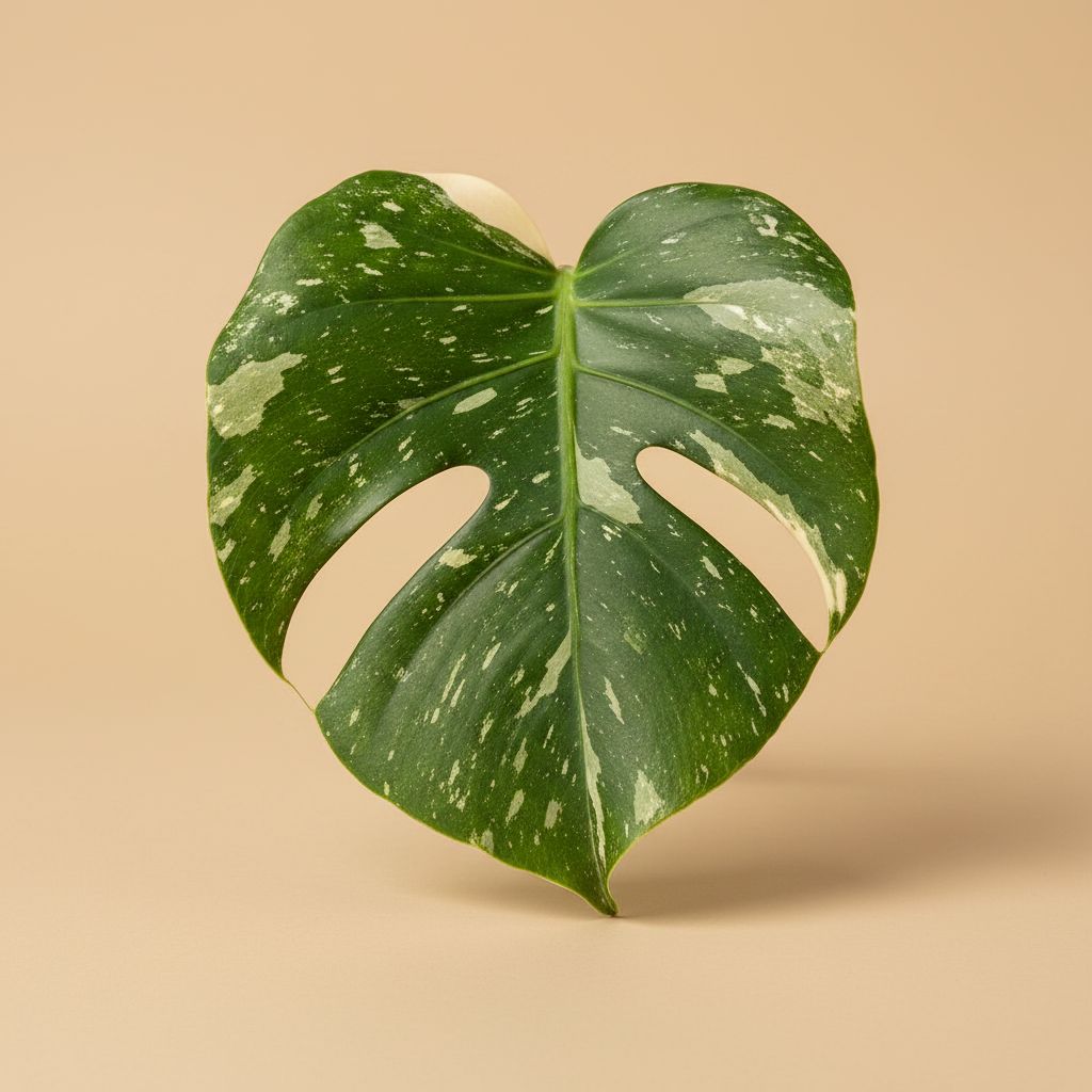 Monstera Thai Constellation – close-up bont blad op beige achtergrond