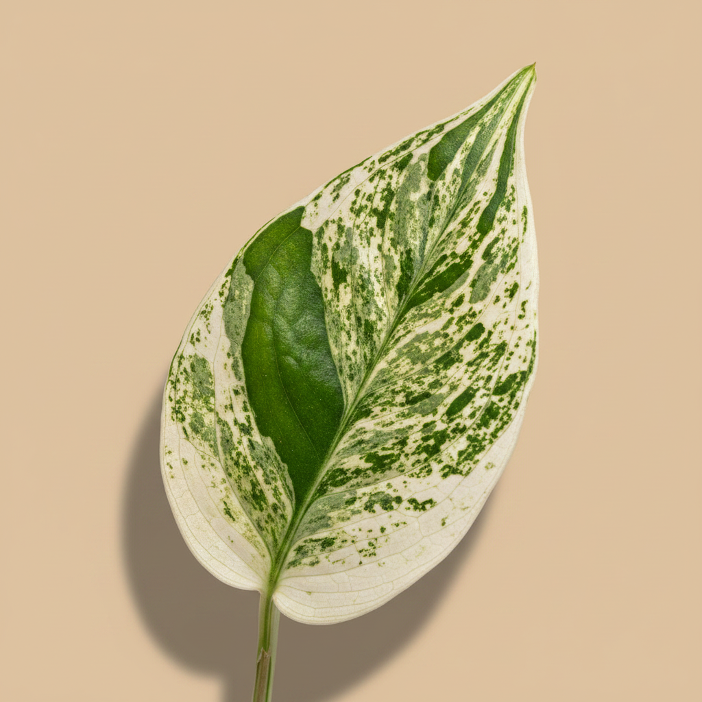 Close-up blad Epipremnum Pinnatum N'joy met warme beige studioachtergrond
