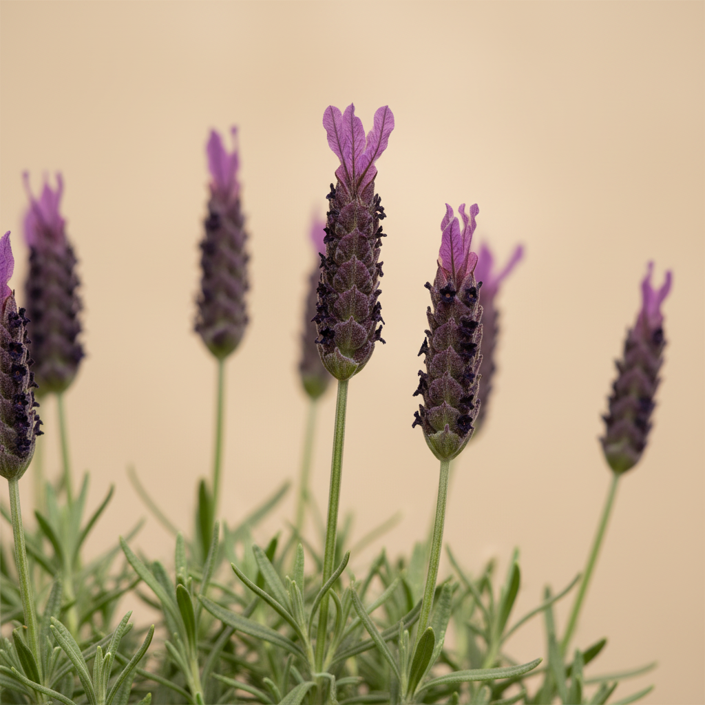 Lavandula Stoech Lusitanica – close-up bloemen en blad