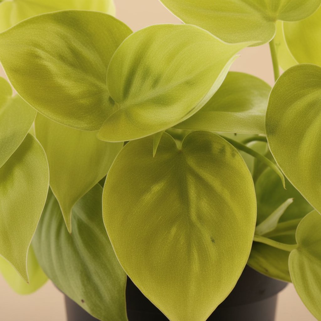 Philodendron Scandens Micans Lime – close-up bladeren