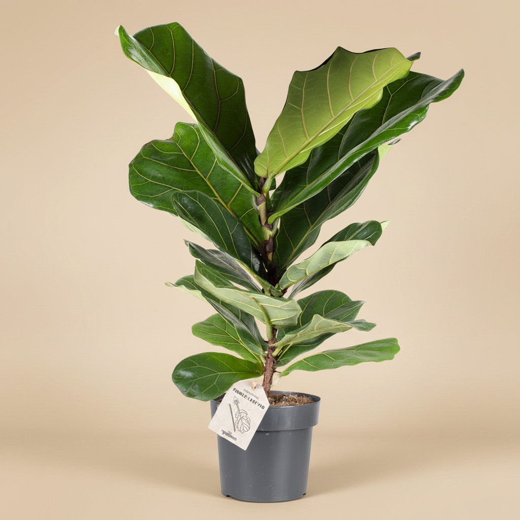 Ficus lyrata in keramische pot met warme beige studioachtergrond