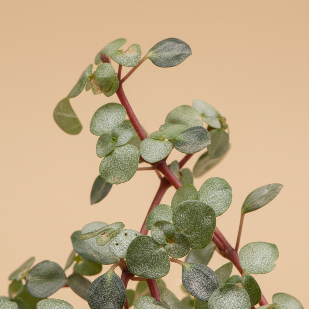 Close-up van de fijne blaadjes van Pilea glaucophylla Greyzy op warme beige studioachtergrond
