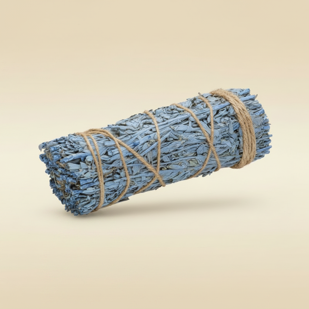 Blauwe salie smudge stick gebundeld met jute touw op warme beige achtergrond, mat oppervlak met zachte slagschaduw