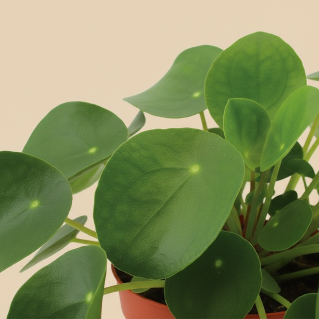 Pilea Peperomioides - close-up ronde blaadjes warme beige studioachtergrond