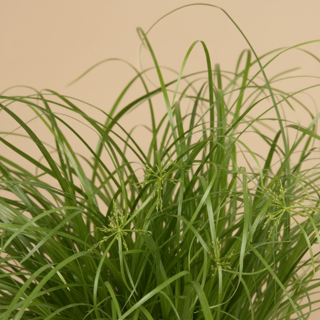 Cyperus Alternifolius Zumula – close-up blad, beige studioachtergrond