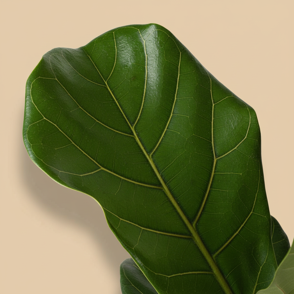 Close-up van het grote vioolvormige blad van de Ficus lyrata op warme beige studioachtergrond