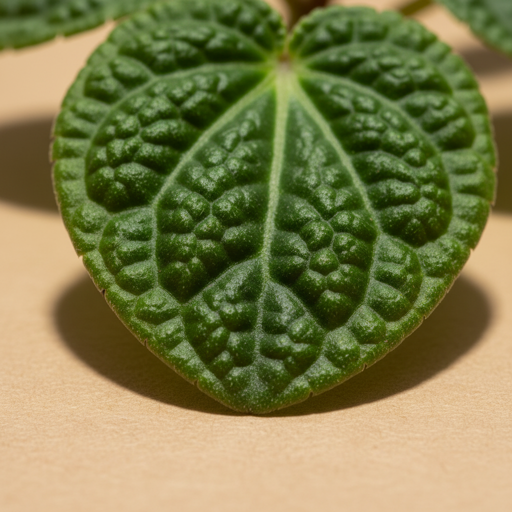 Close-up van een Peperomia Rana Verde blad met warme beige studioachtergrond