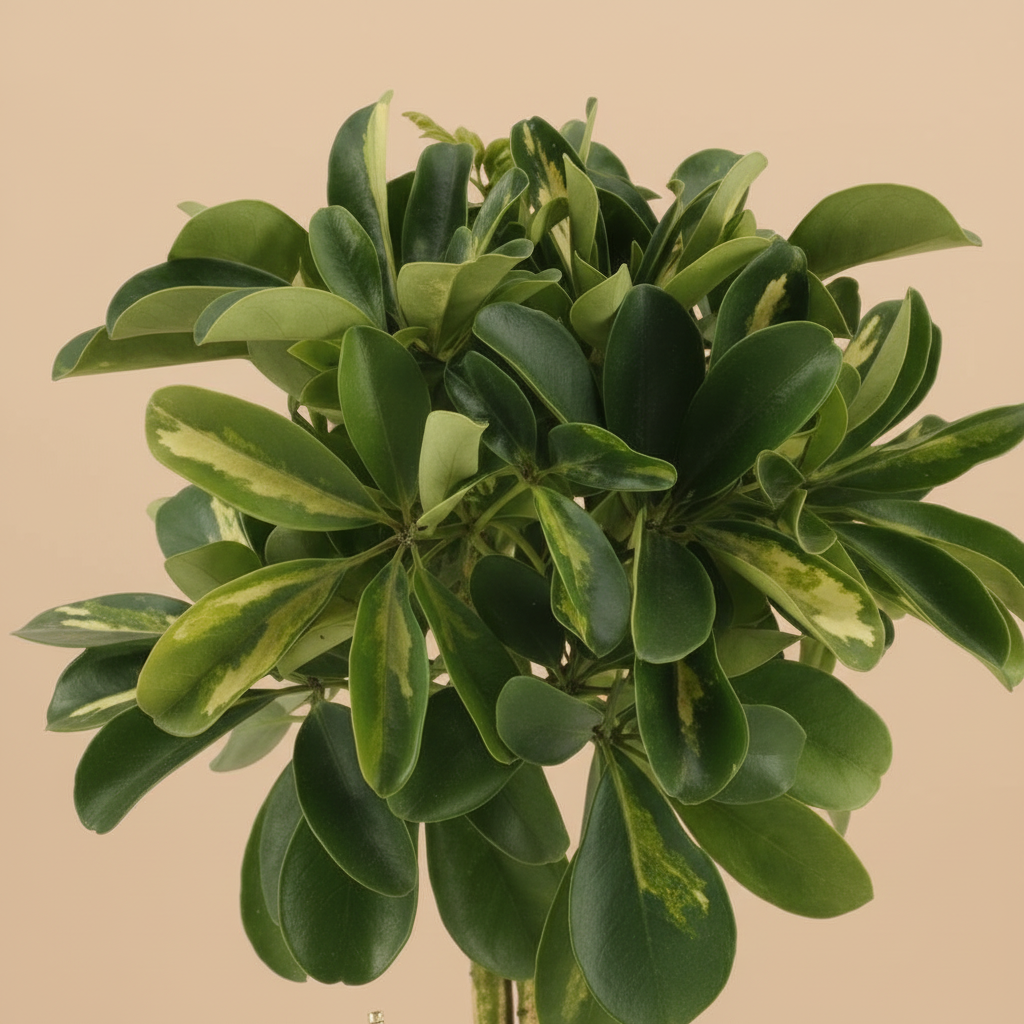 Schefflera Arboricola Gold Capella – close-up bladeren, warme beige studioachtergrond