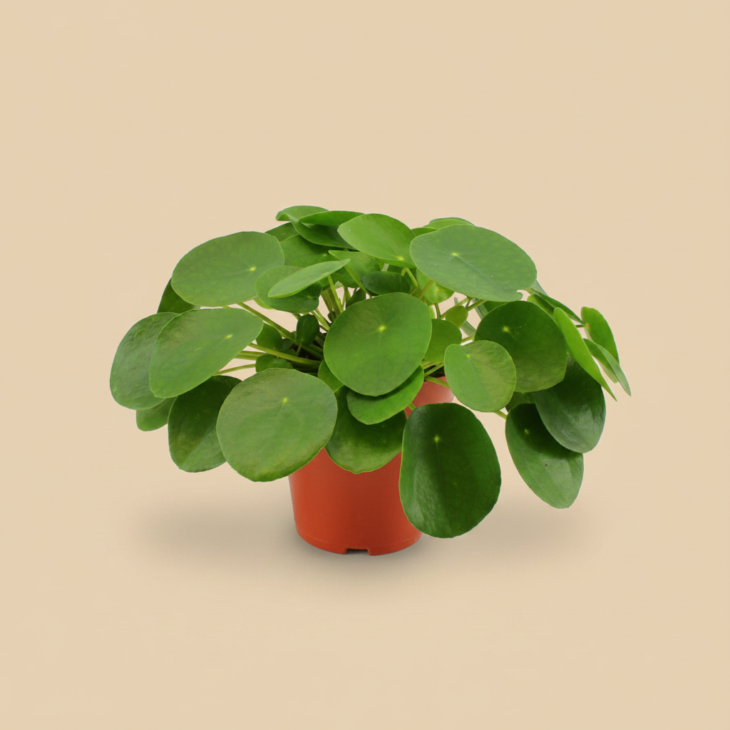 Pilea Peperomioides – warme beige studioachtergrond