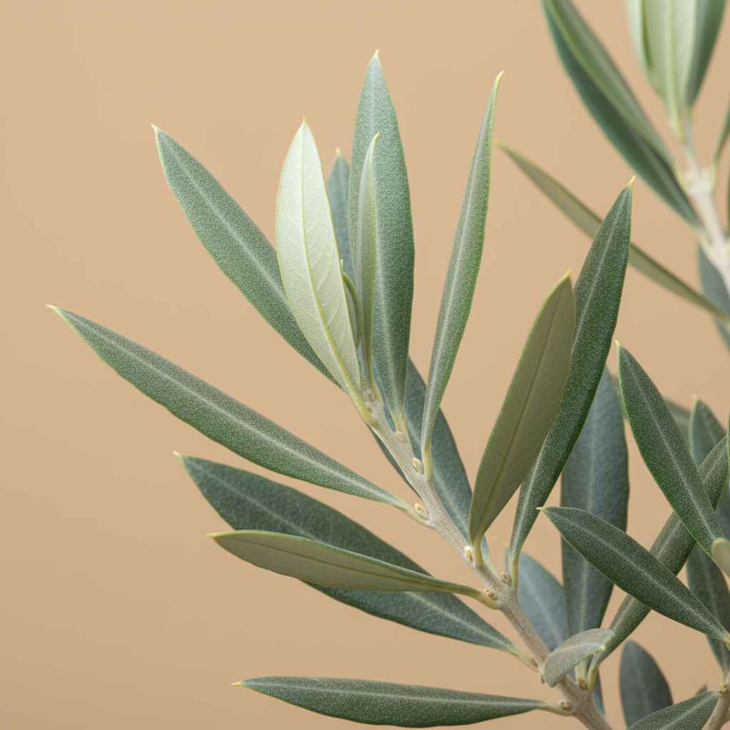 Close-up zilvergrijze bladeren van Olea europaea olijfboom op warme beige studioachtergrond
