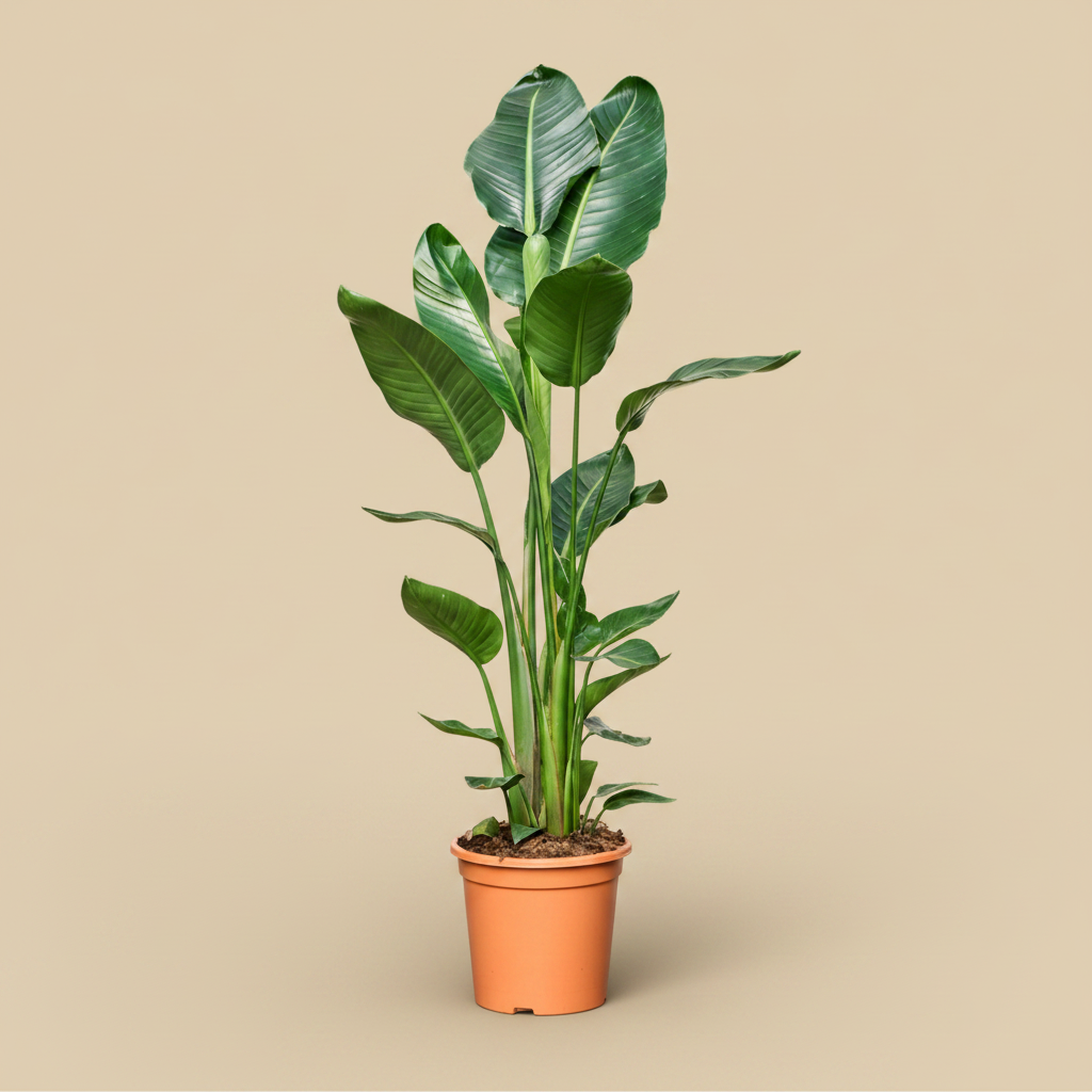 Strelitzia nicolai op warme beige studioachtergrond