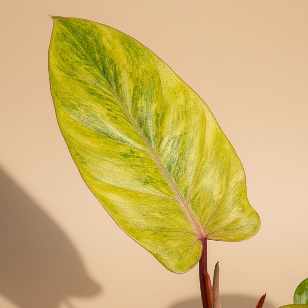 Close-up van een Philodendron Painted Lady blad met warme beige studioachtergrond