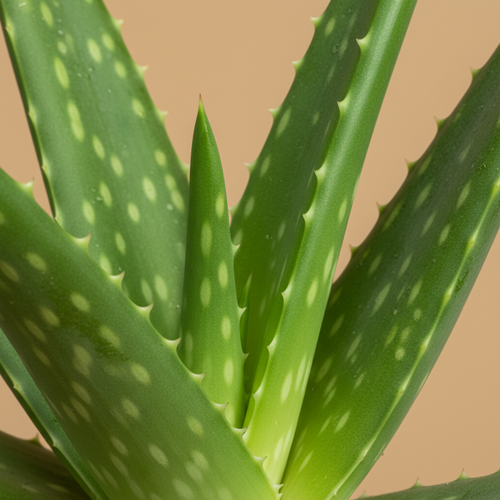 Aloe Vera – close-up bladeren, beige studioachtergrond