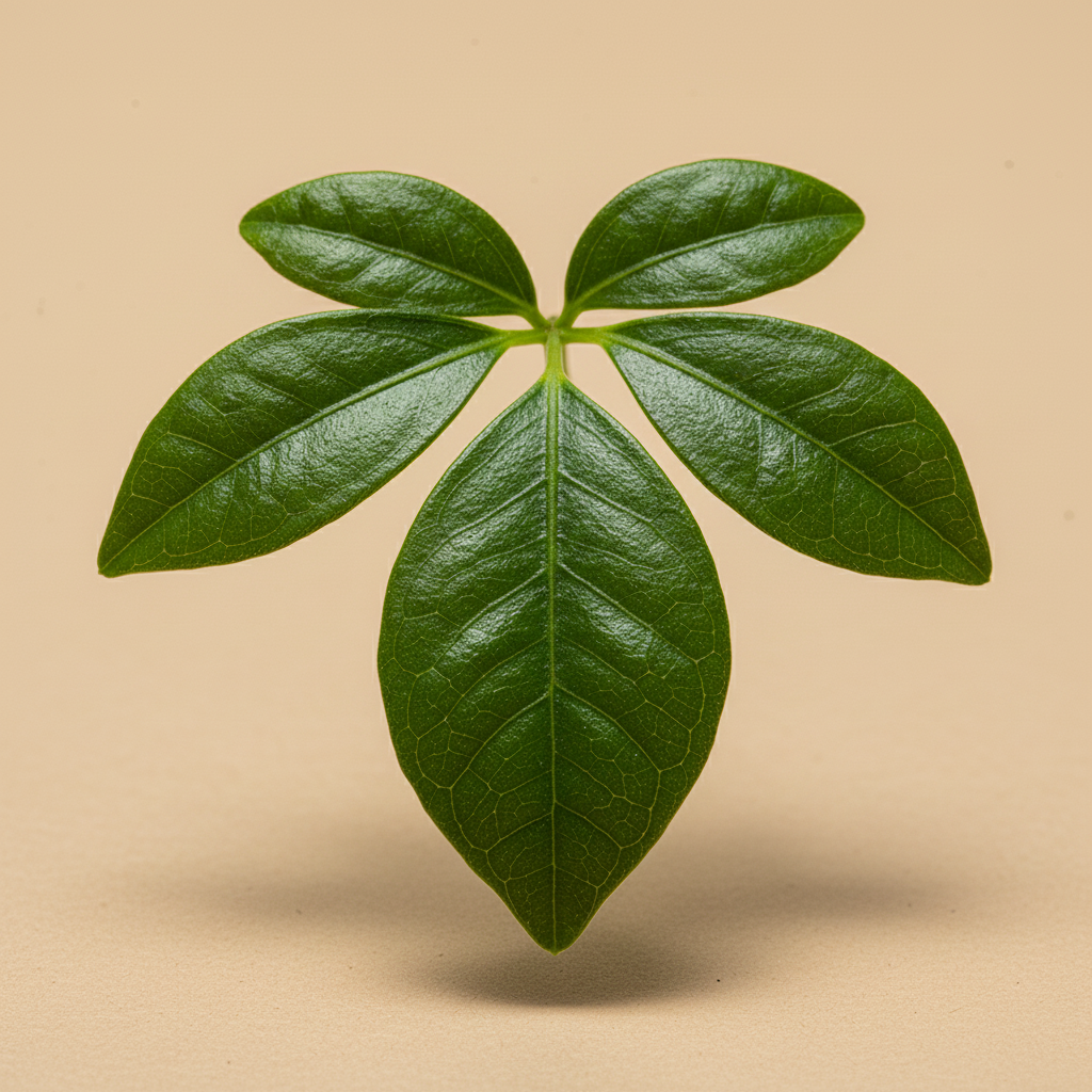 Schefflera Lova – close-up glanzend vingervormig blad, warme beige achtergrond
