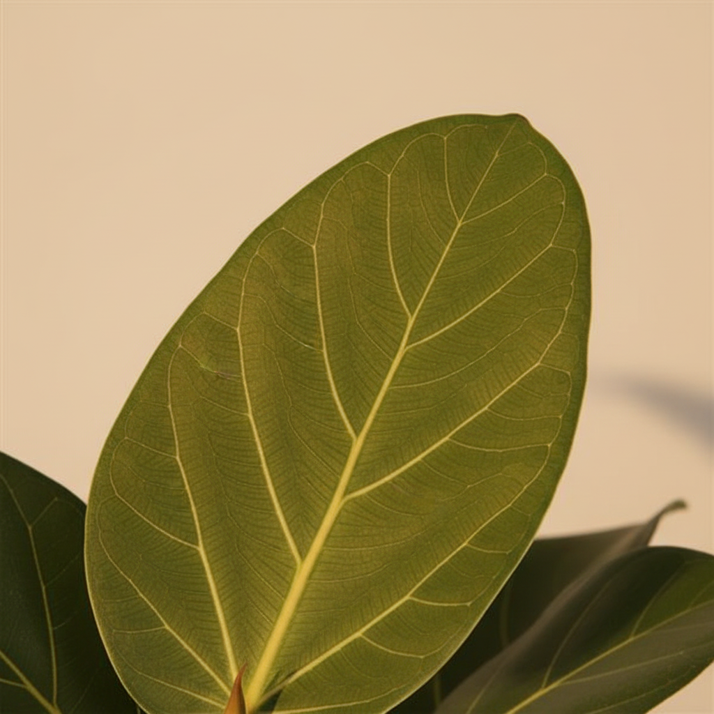 Close-up blad Ficus Benghalensis Audrey op warme beige studioachtergrond