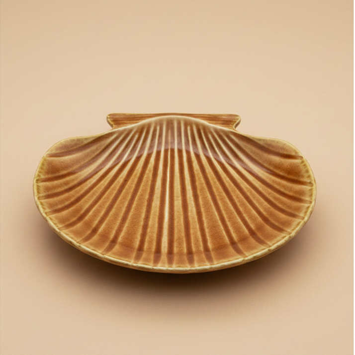 Stenen schelpschaaltje oranje 20 cm op warme beige achtergrond, studiofoto
