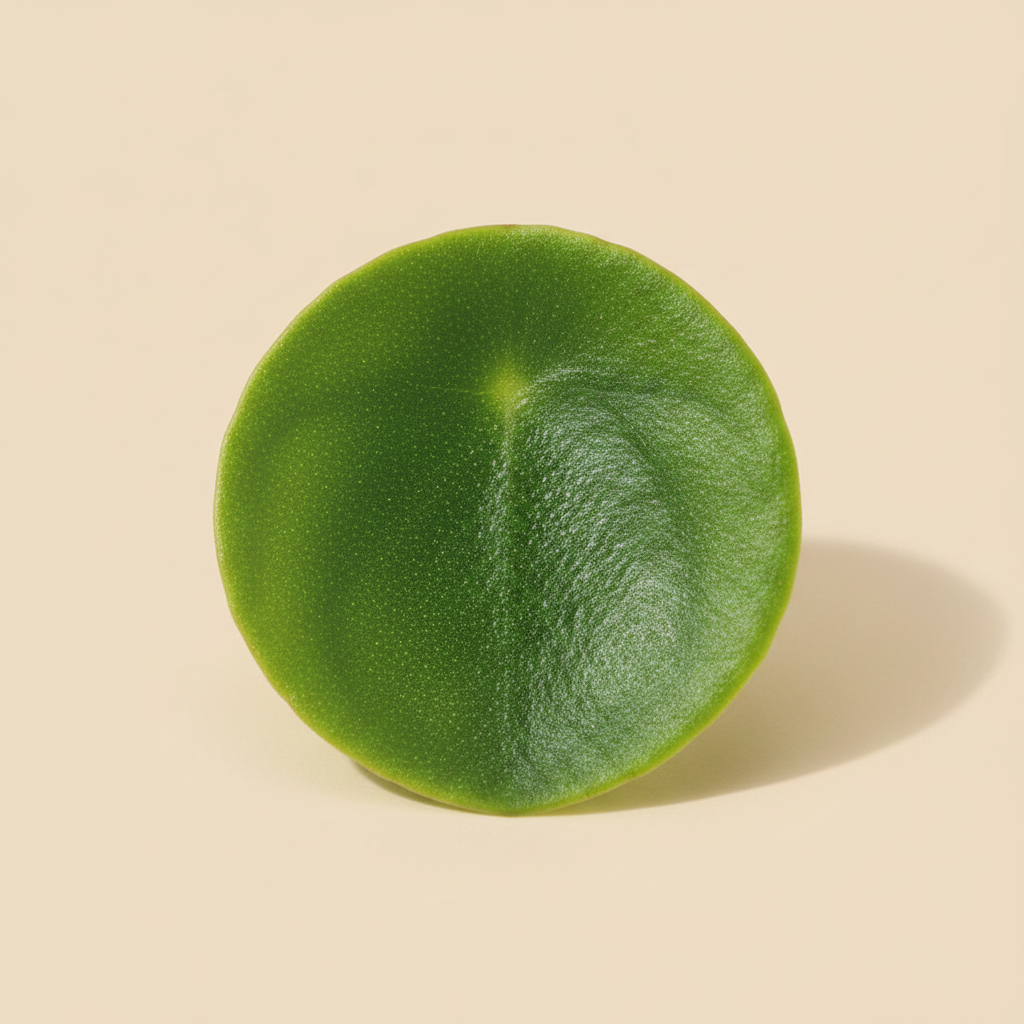 Peperomia Rotundifolia – close-up blad, warme beige studioachtergrond