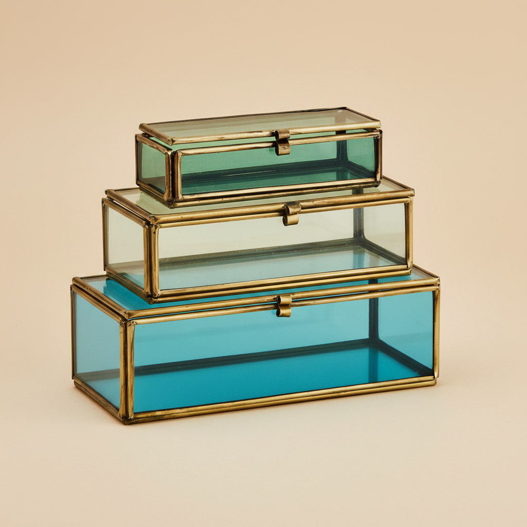 Gekleurde glazen doosjes set van 3 blauw/zeegroen op warme beige achtergrond, studiofoto