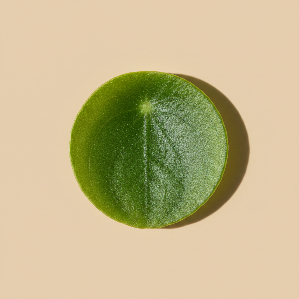 Peperomia Rotundifolia – close-up blad op warme beige achtergrond