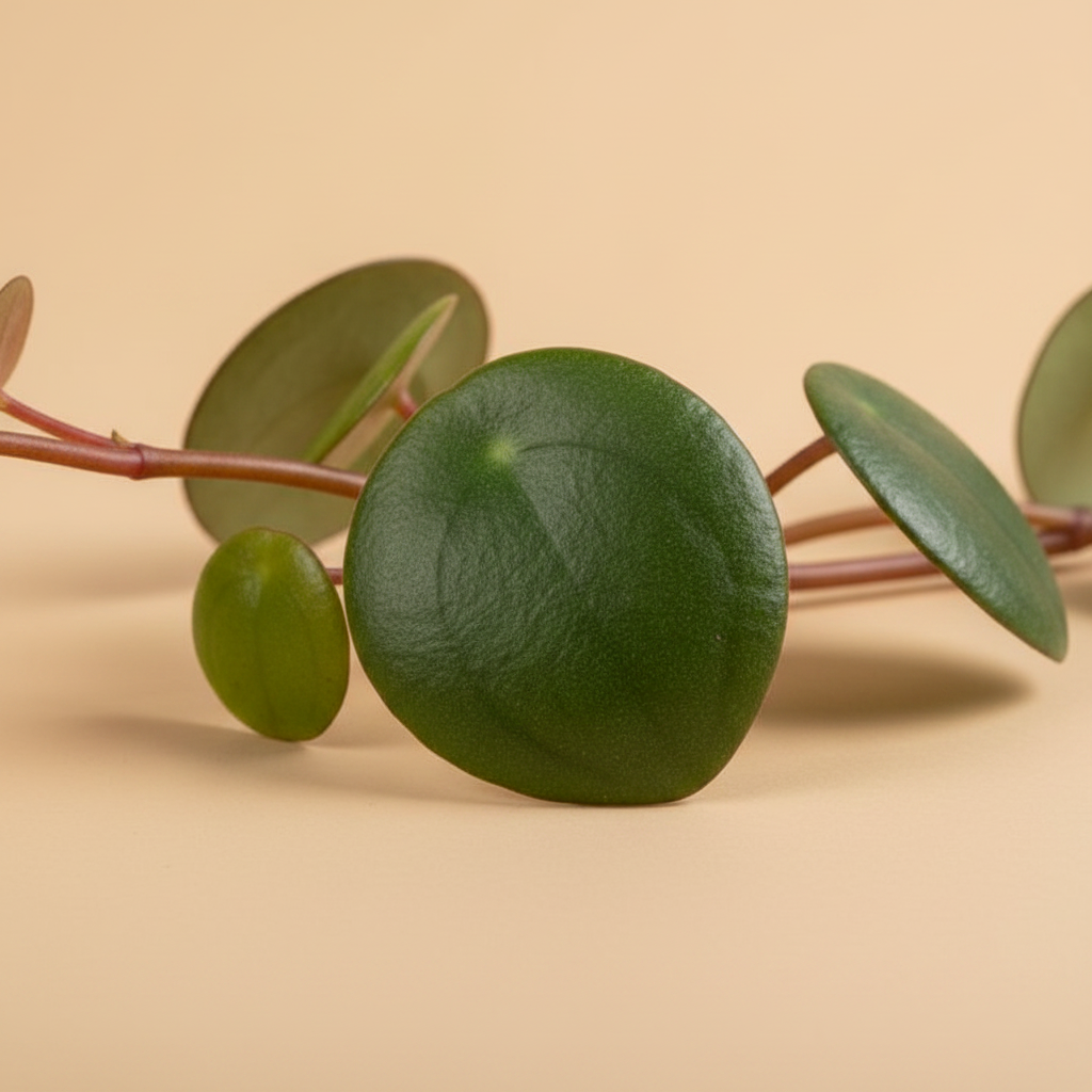Peperomia Pepperspot – close-up blad op warme beige studioachtergrond