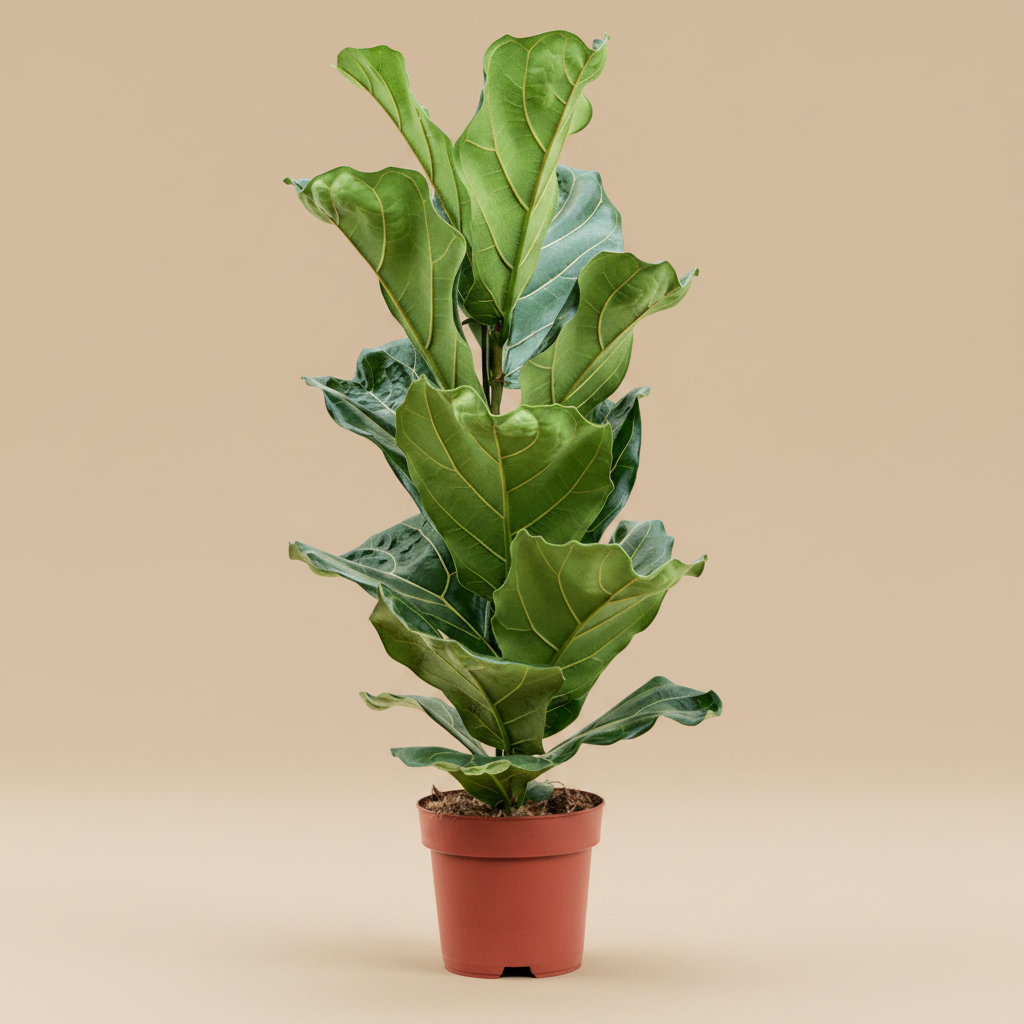 Ficus lyrata in keramische pot op warme beige studioachtergrond
