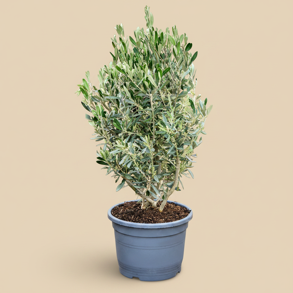 Olea europaea olijfboom in pot met warme beige studioachtergrond