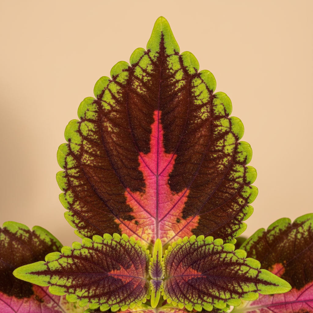 Coleus Park Avenue – close-up blad op warme beige studioachtergrond